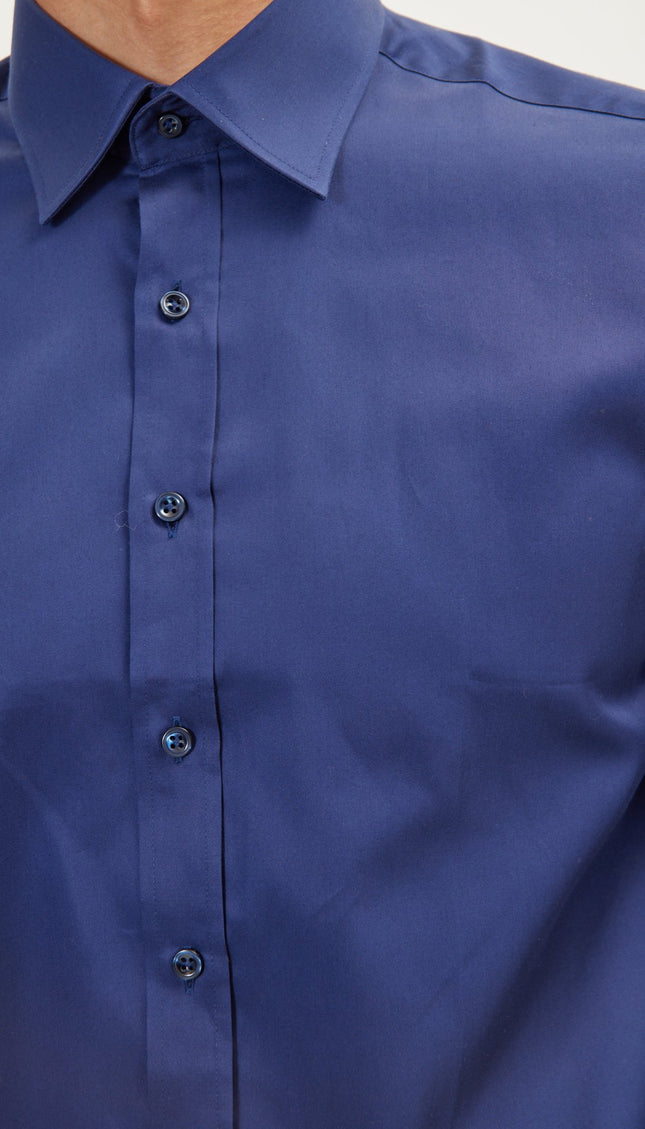 Pure Cotton Classic Collar Sateen Dress Shirt - Navy - Ron Tomson