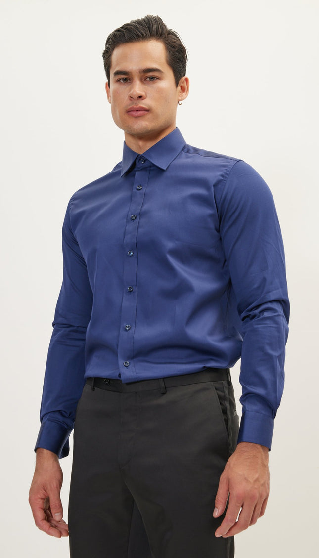 Pure Cotton Classic Collar Sateen Dress Shirt - Navy - Ron Tomson
