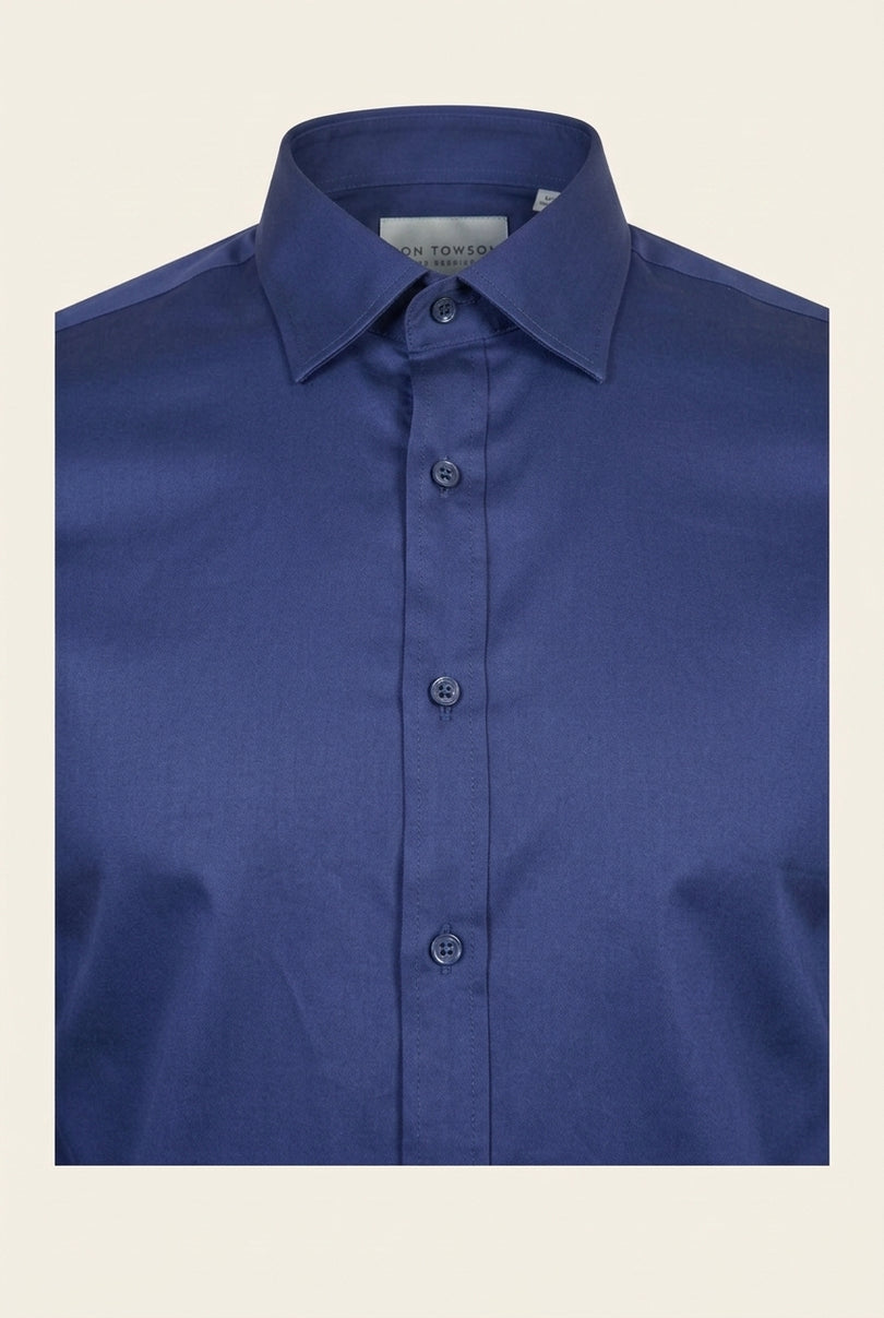 Pure Cotton Classic Collar Sateen Dress Shirt - Navy - Detail