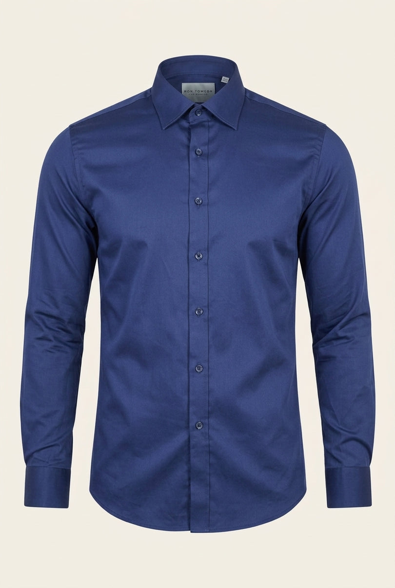 Pure Cotton Classic Collar Sateen Dress Shirt - Navy - Front