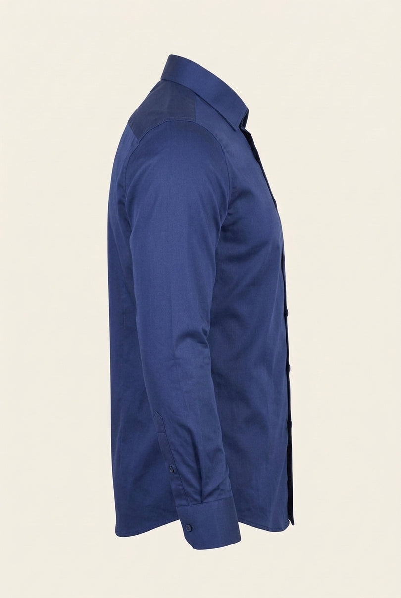 Pure Cotton Classic Collar Sateen Dress Shirt - Navy - Side
