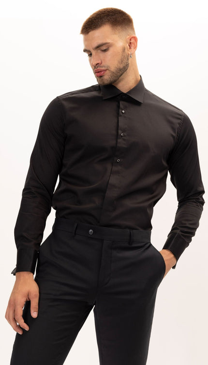 Pure Cotton Classic Collar Stud Button French Cuff Tuxedo Shirt - Jet Black - Ron Tomson