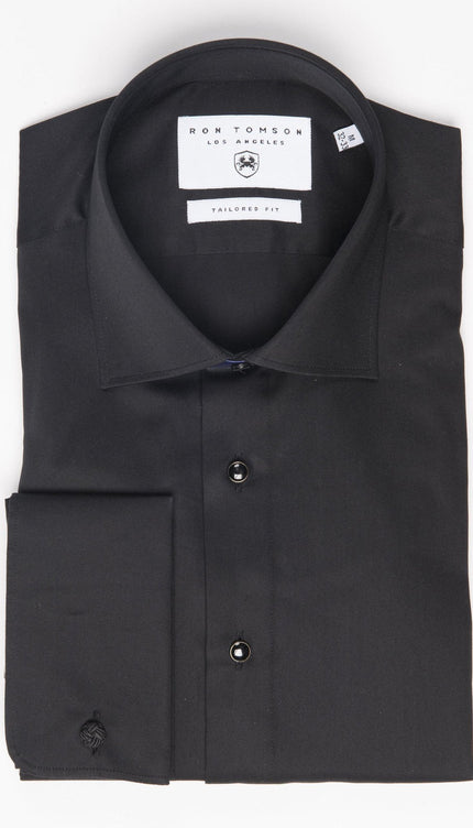 Pure Cotton Classic Collar Stud Button French Cuff Tuxedo Shirt - Jet Black - Ron Tomson