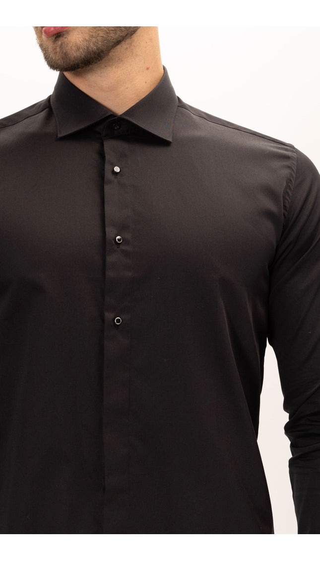 Pure Cotton Classic Collar Stud Button French Cuff Tuxedo Shirt - Jet Black - Ron Tomson
