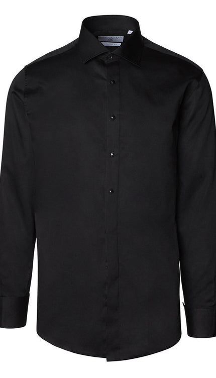 Pure Cotton Classic Collar Stud Button French Cuff Tuxedo Shirt - Jet Black - Ron Tomson