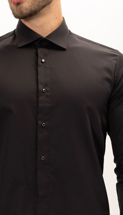 Pure Cotton Classic Collar Stud Button French Cuff Tuxedo Shirt - Jet Black - Ron Tomson