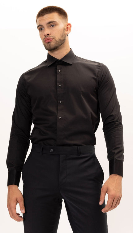 Pure Cotton Classic Collar Stud Button French Cuff Tuxedo Shirt - Jet Black - Ron Tomson