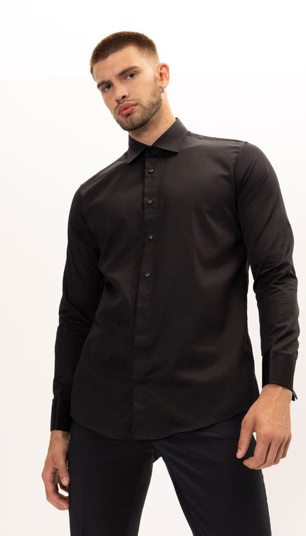 Pure Cotton Classic Collar Stud Button French Cuff Tuxedo Shirt - Jet Black - Ron Tomson