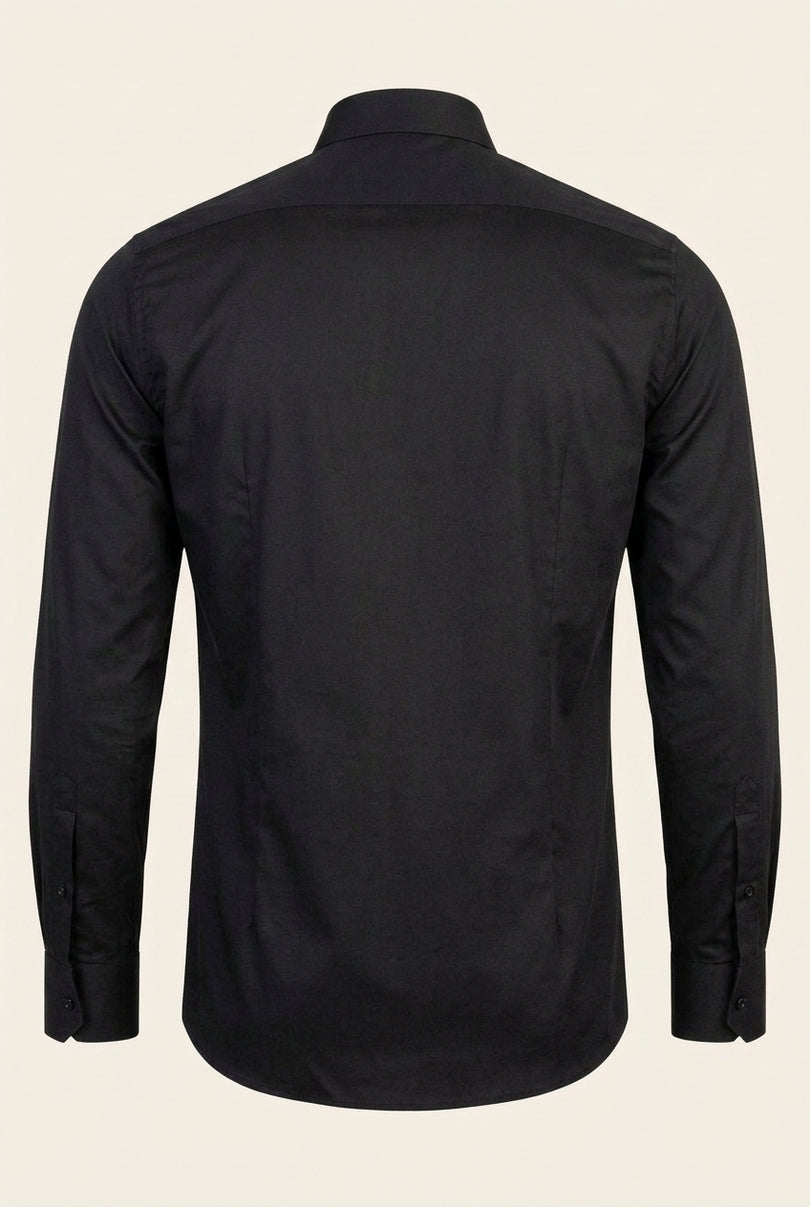 Pure Cotton Classic Collar Stud Button French Cuff Tuxedo Shirt - Jet Black - Back