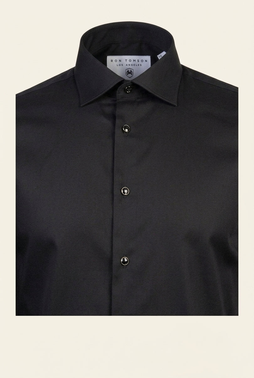 Pure Cotton Classic Collar Stud Button French Cuff Tuxedo Shirt - Jet Black - Detail