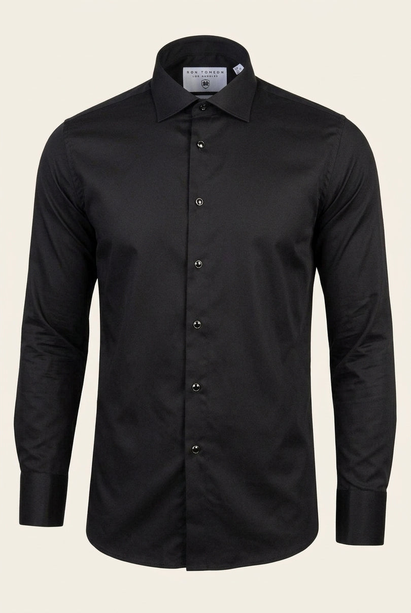 Pure Cotton Classic Collar Stud Button French Cuff Tuxedo Shirt - Jet Black - Front