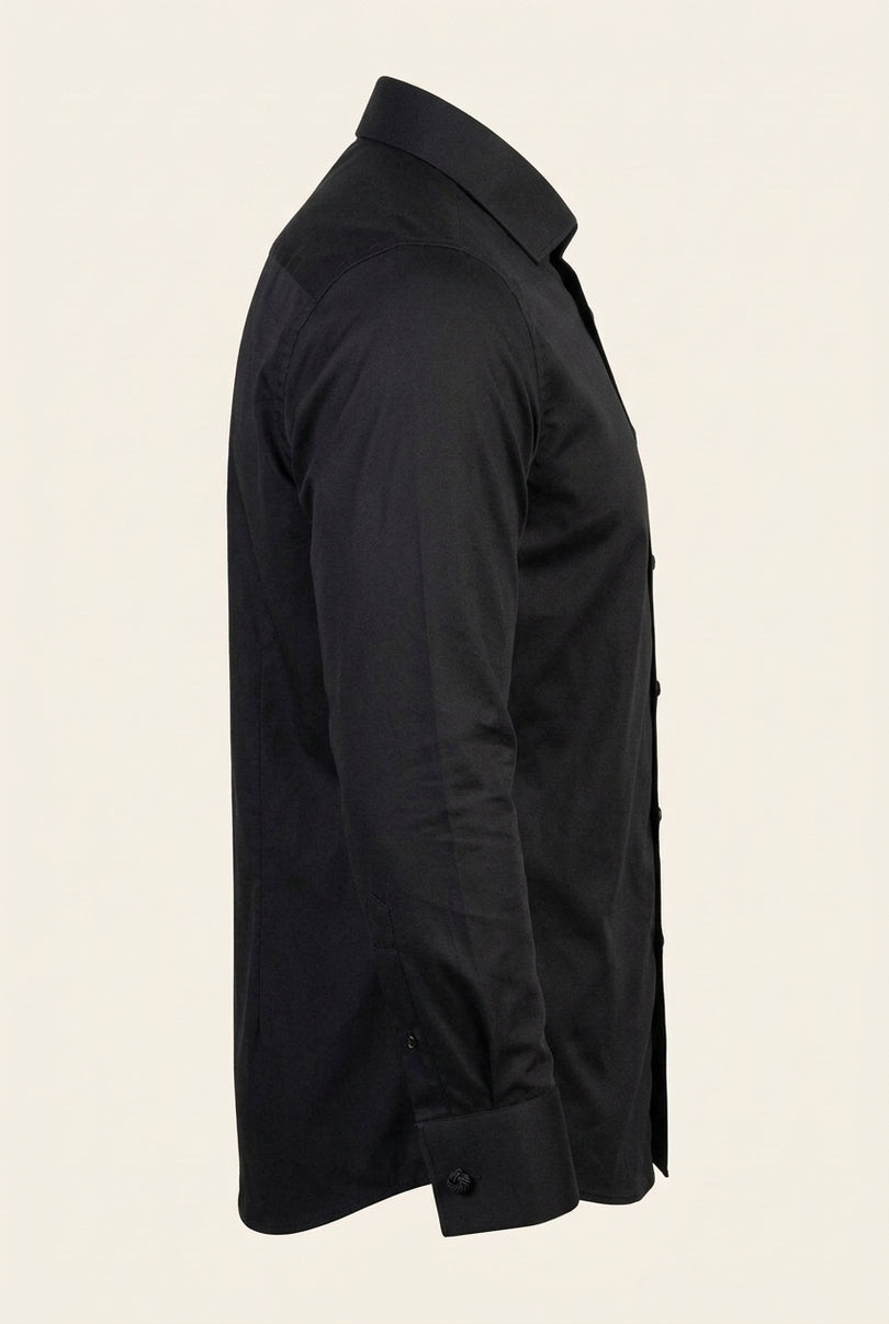 Pure Cotton Classic Collar Stud Button French Cuff Tuxedo Shirt - Jet Black - Side