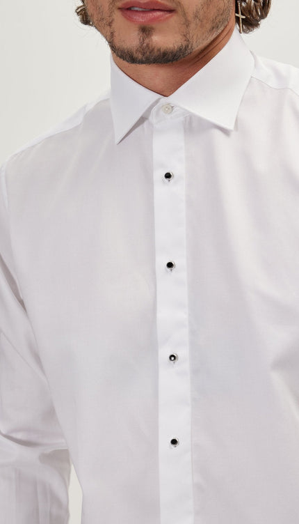 Pure Cotton Classic Collar Stud Button French Cuff Tuxedo Shirt - Optic White - Ron Tomson