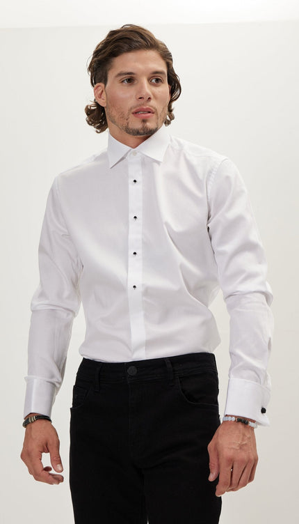 Pure Cotton Classic Collar Stud Button French Cuff Tuxedo Shirt - Optic White - Ron Tomson