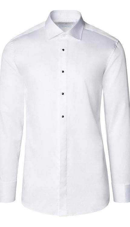 Pure Cotton Classic Collar Stud Button French Cuff Tuxedo Shirt - Optic White - Ron Tomson