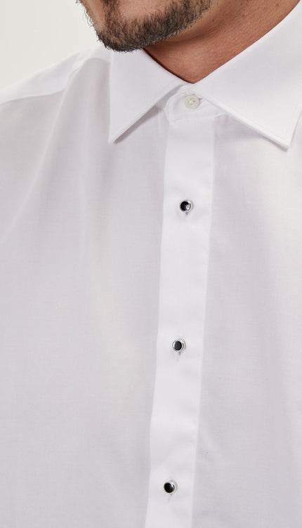 Pure Cotton Classic Collar Stud Button French Cuff Tuxedo Shirt - Optic White - Ron Tomson