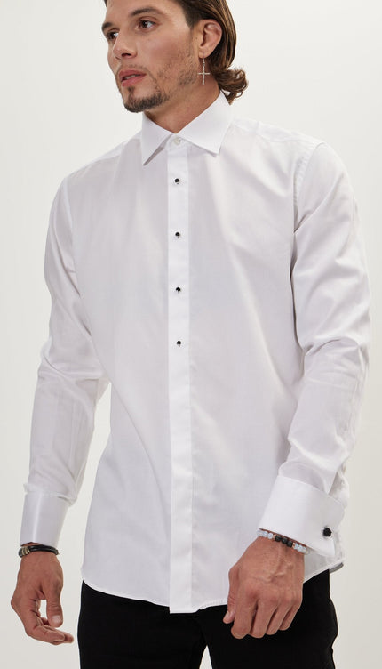 Pure Cotton Classic Collar Stud Button French Cuff Tuxedo Shirt - Optic White - Ron Tomson