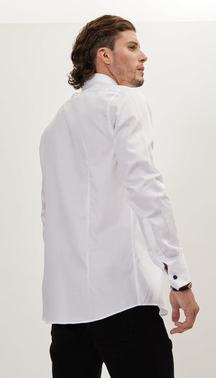 Pure Cotton Classic Collar Stud Button French Cuff Tuxedo Shirt - Optic White - Ron Tomson