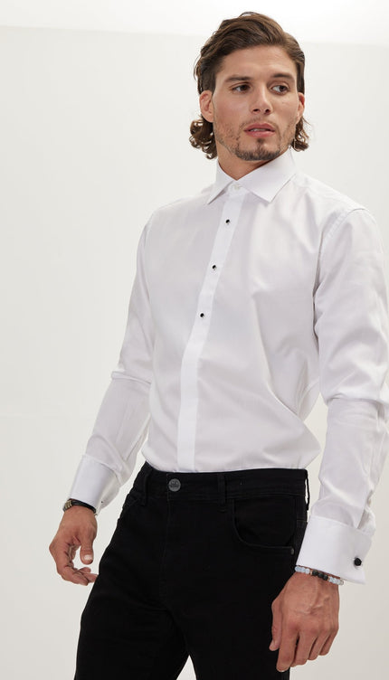 Pure Cotton Classic Collar Stud Button French Cuff Tuxedo Shirt - Optic White - Ron Tomson