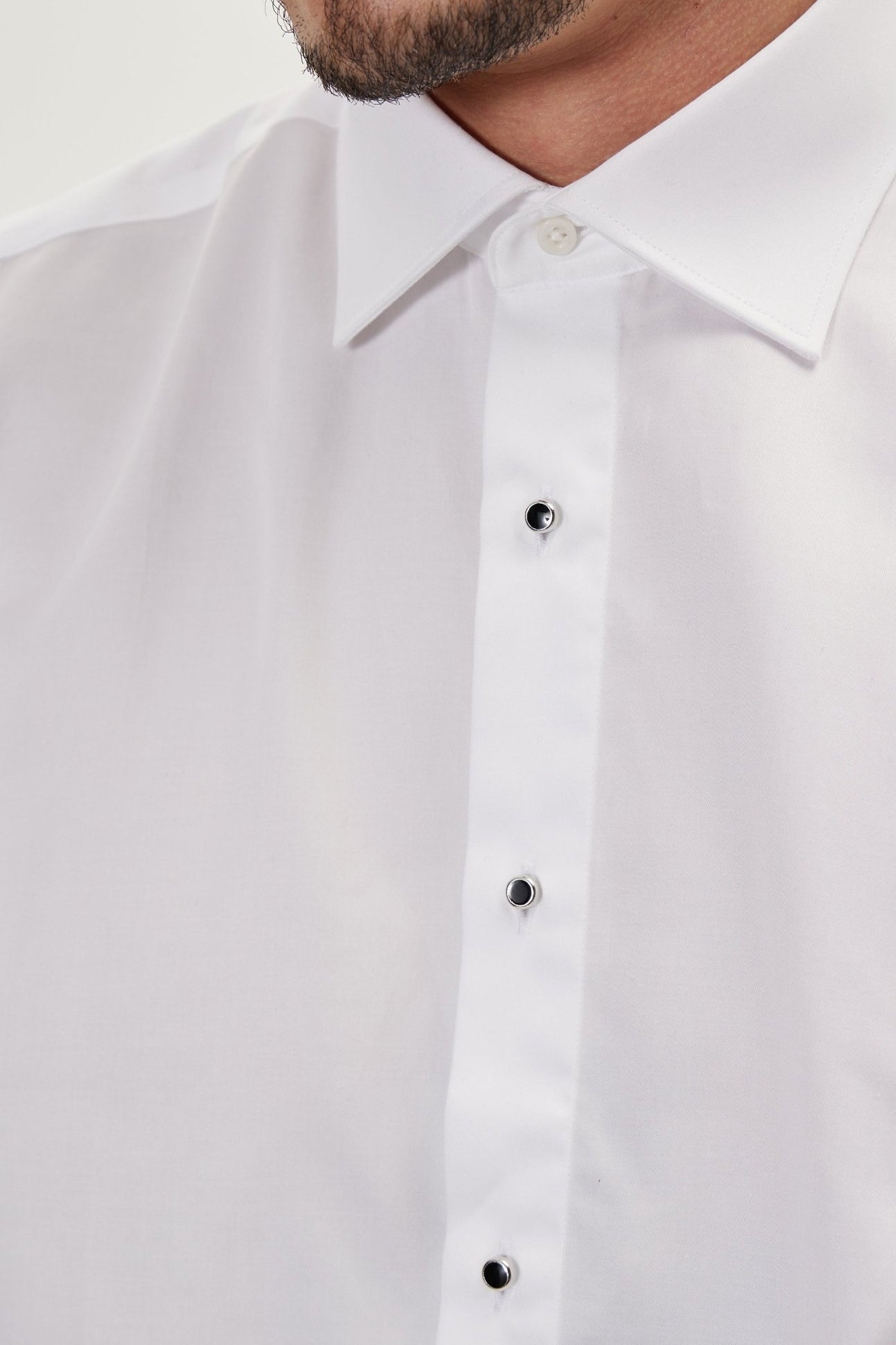 Pure Cotton Classic Collar Stud Button French Cuff Tuxedo Shirt - Optic White - Ron Tomson