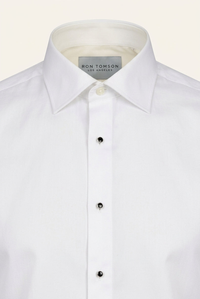 Pure Cotton Classic Collar Stud Button French Cuff Tuxedo Shirt - Optic White - Detail