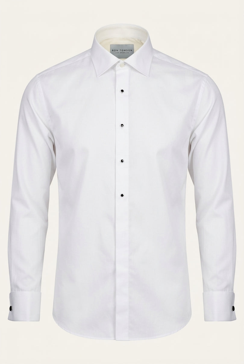 Pure Cotton Classic Collar Stud Button French Cuff Tuxedo Shirt - Optic White - Front