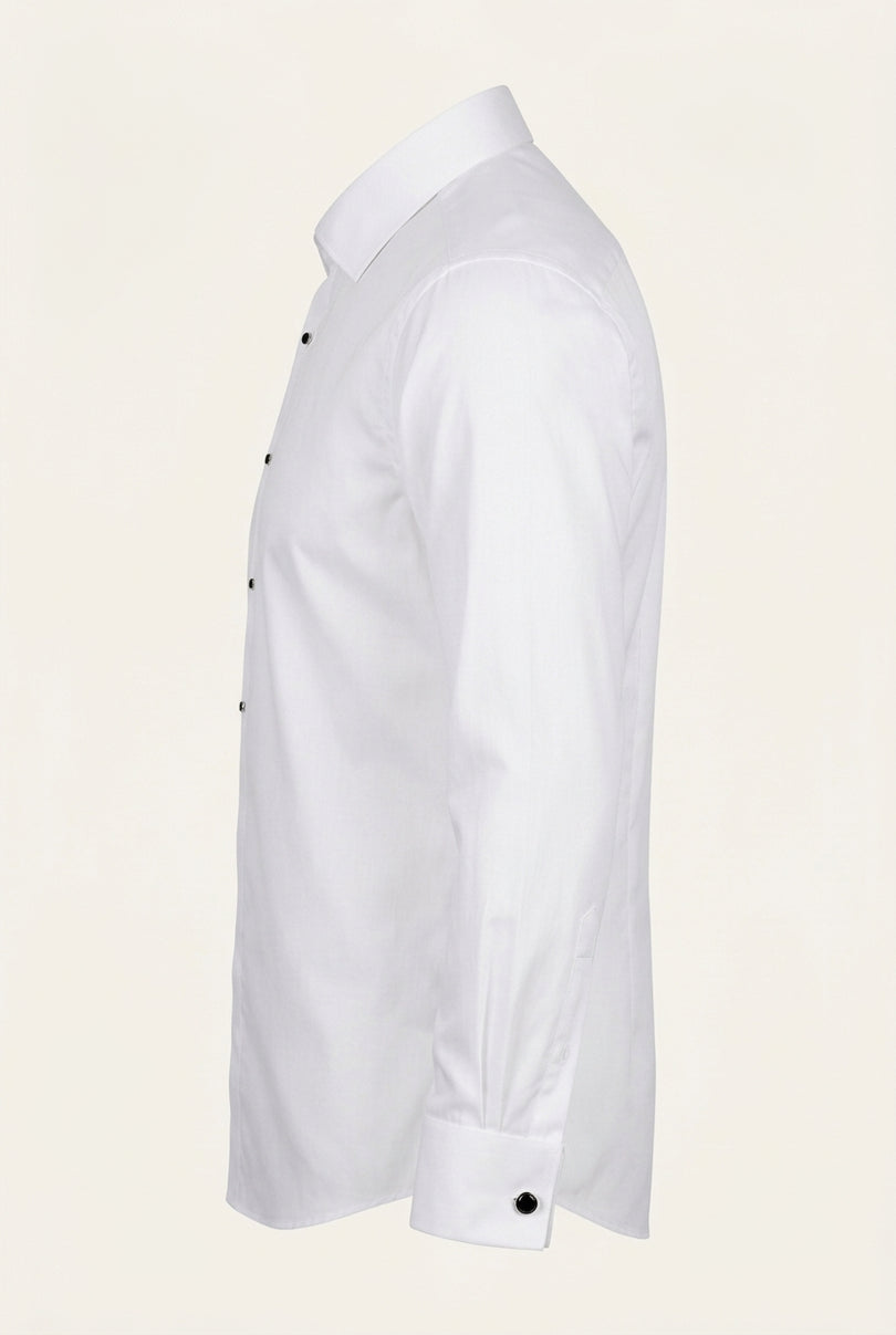 Pure Cotton Classic Collar Stud Button French Cuff Tuxedo Shirt - Optic White - Side