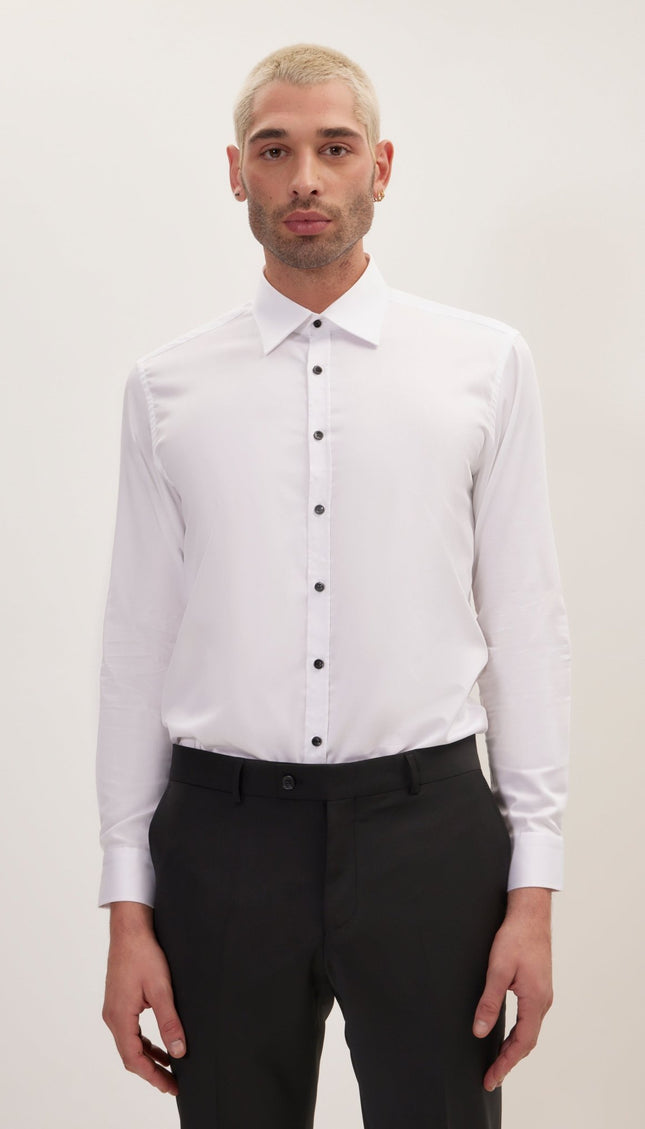 Pure Cotton Contrast Button Dress Shirt - Optic White - Ron Tomson