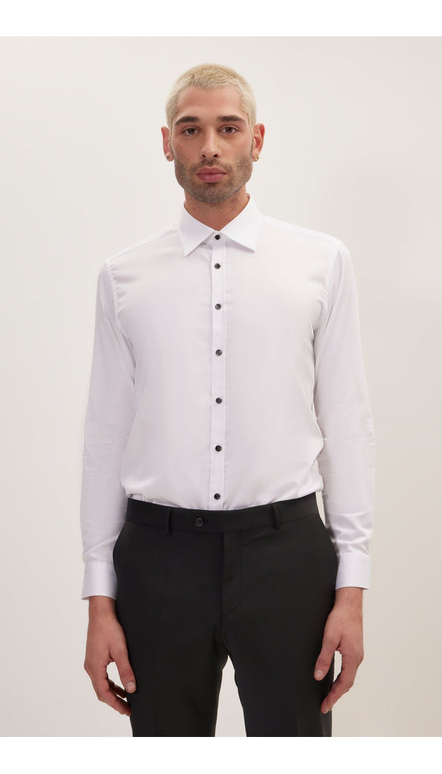 Pure Cotton Contrast Button Dress Shirt - Optic White - Ron Tomson