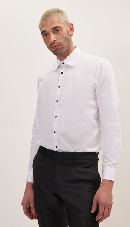 Pure Cotton Contrast Button Dress Shirt - Optic White - Ron Tomson