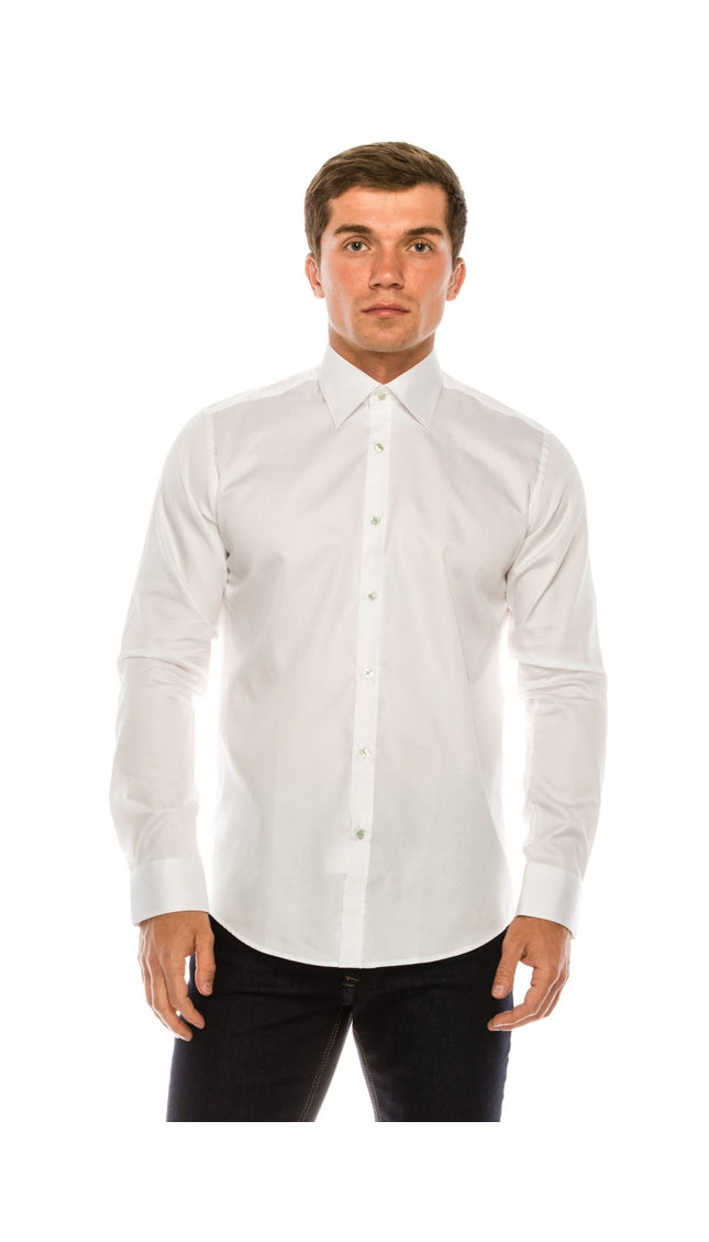 Pure Cotton Contrast Button Dress Shirt - White Green Accents - Ron Tomson