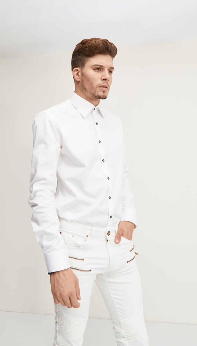 Pure Cotton Contrast Button Dress Shirt - White Light Blue Accents - Ron Tomson