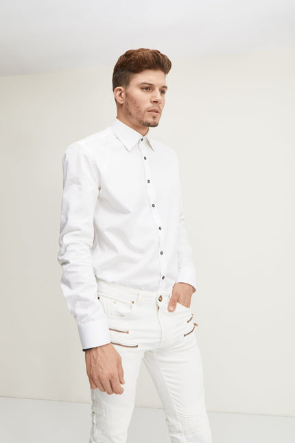 Pure Cotton Contrast Button Dress Shirt - White Light Blue Accents - Ron Tomson