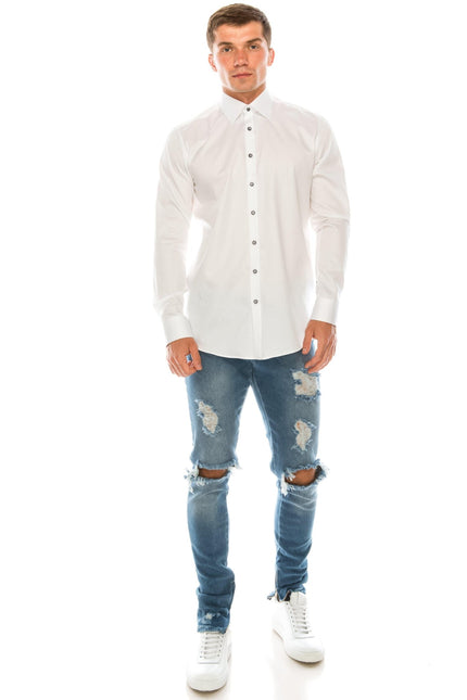 Pure Cotton Contrast Button Dress Shirt - White Light Blue Accents - Ron Tomson