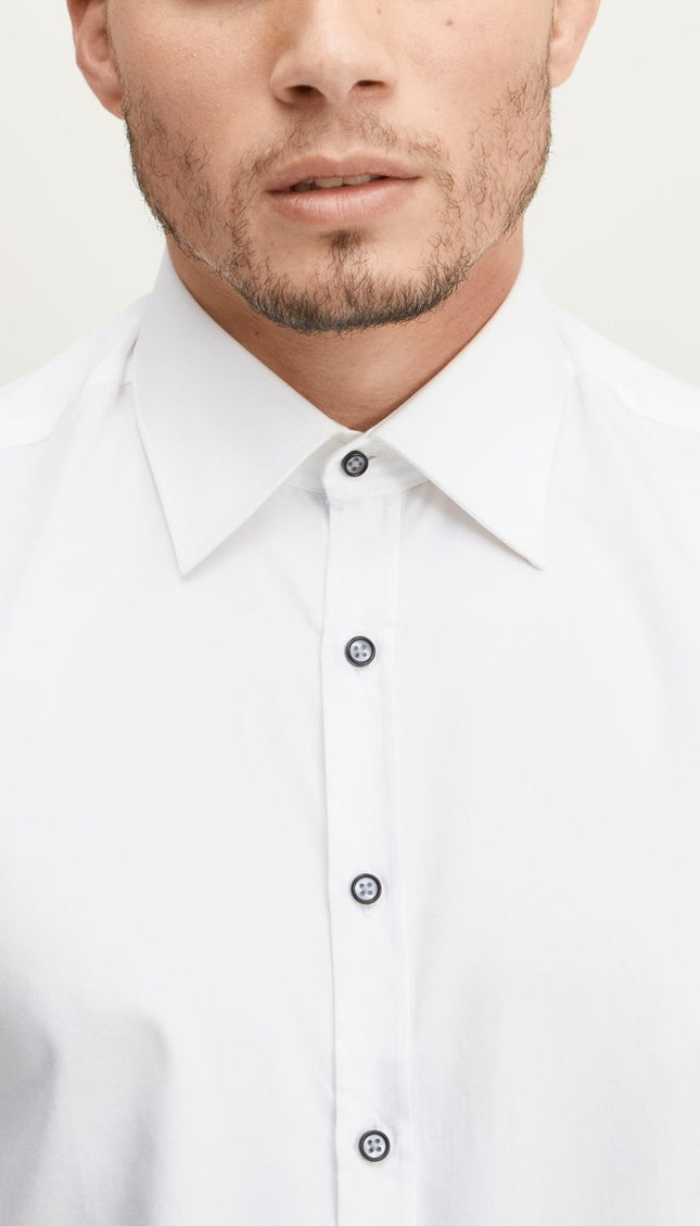 Pure Cotton Contrast Button Dress Shirt - White Light Blue Accents - Ron Tomson