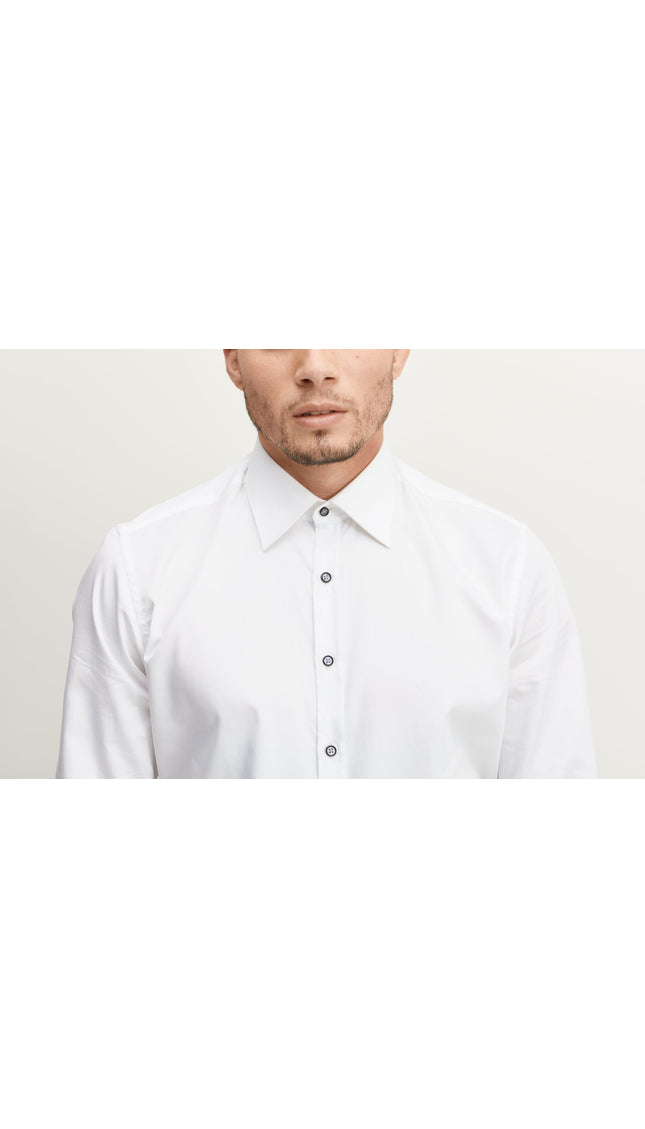 Pure Cotton Contrast Button Dress Shirt - White Light Blue Accents - Ron Tomson
