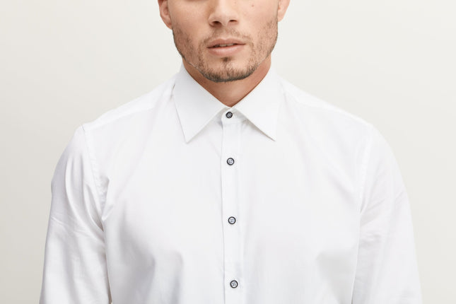 Pure Cotton Contrast Button Dress Shirt - White Light Blue Accents - Ron Tomson