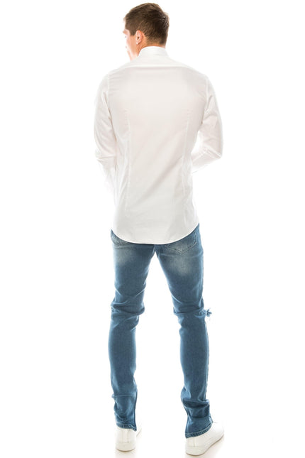 Pure Cotton Contrast Button Dress Shirt - White Light Blue Accents - Ron Tomson