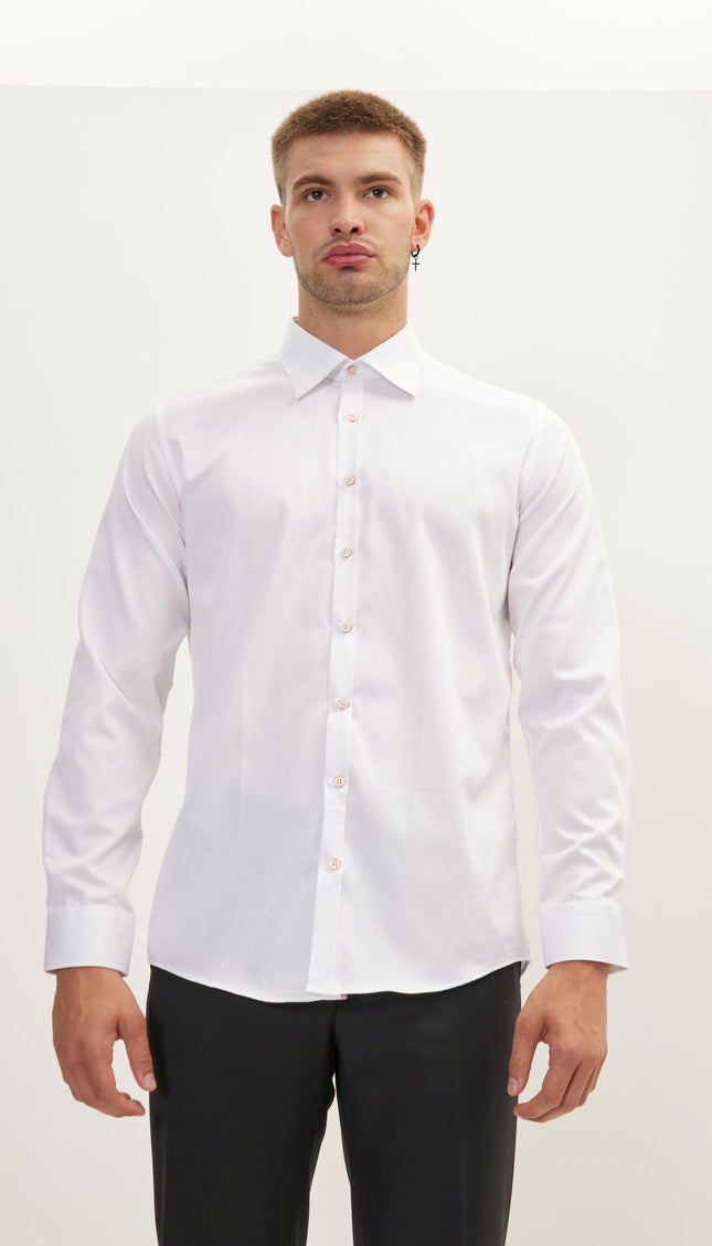Pure Cotton Contrast Button Dress Shirt - White Red Accents - Ron Tomson