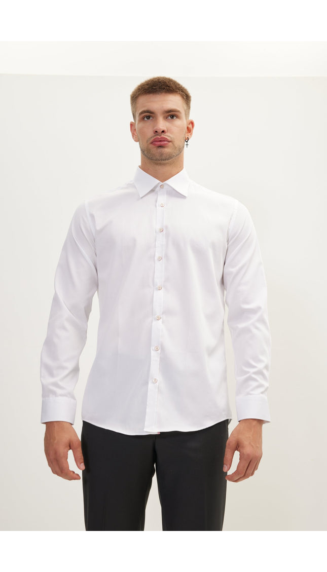 Pure Cotton Contrast Button Dress Shirt - White Red Accents - Ron Tomson