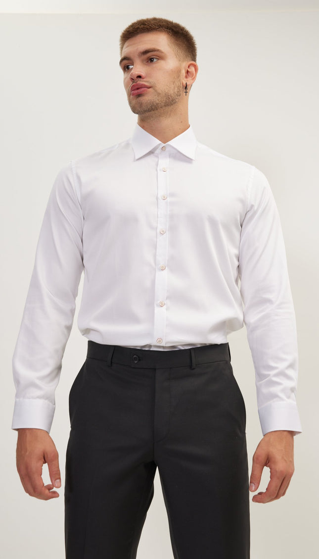 Pure Cotton Contrast Button Dress Shirt - White Red Accents - Ron Tomson