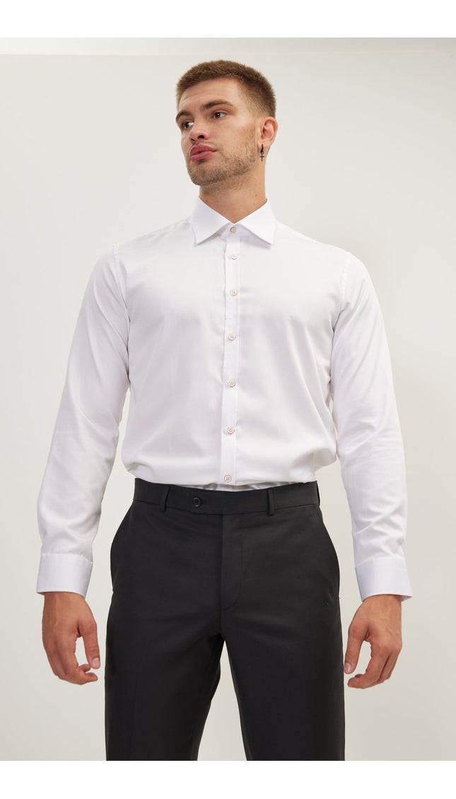 Pure Cotton Contrast Button Dress Shirt - White Red Accents - Ron Tomson