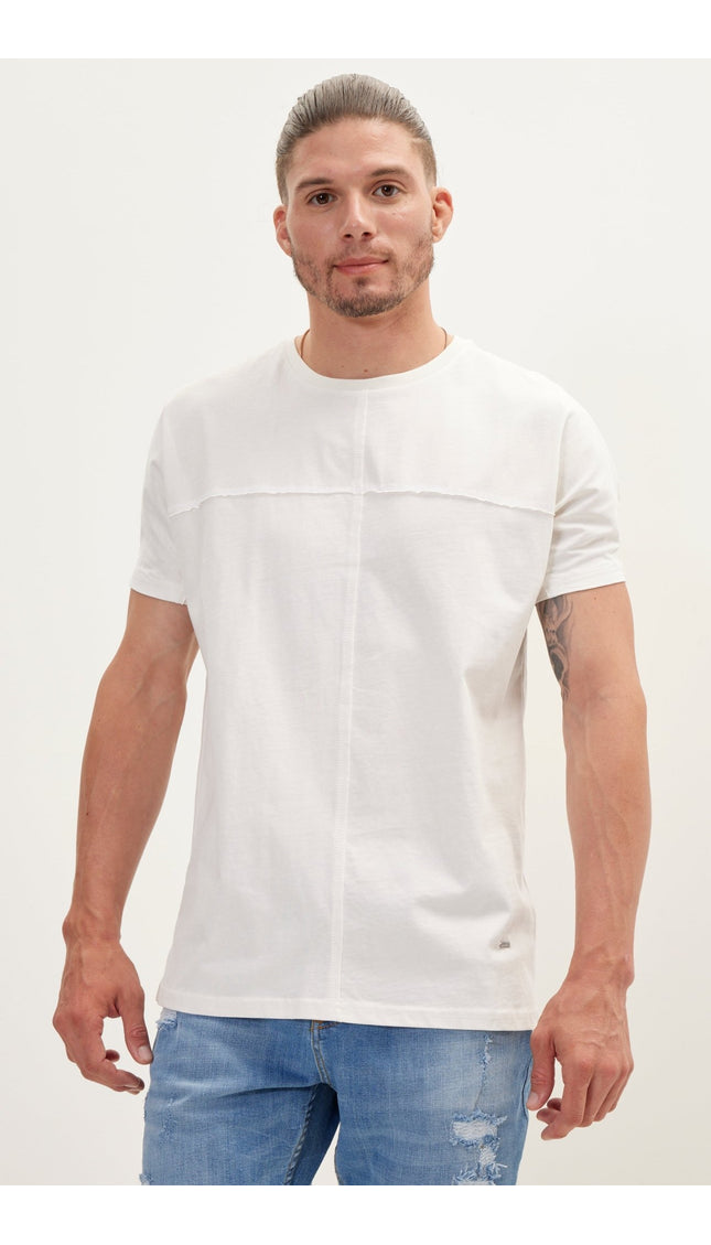 Pure Cotton Crew Neck Raw Edge T-Shirt - Off White - Ron Tomson
