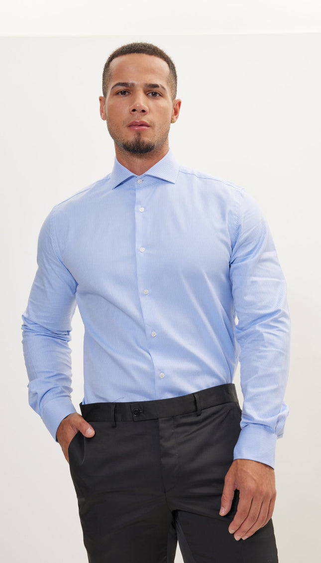 Pure Cotton French Placket Spread Collar Dress Shirt - Blue Chevron - Ron Tomson