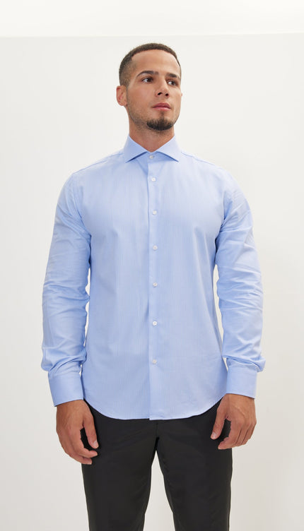 Pure Cotton French Placket Spread Collar Dress Shirt - Blue Chevron - Ron Tomson