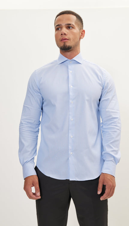 Pure Cotton French Placket Spread Collar Dress Shirt - Blue Striped - Ron Tomson