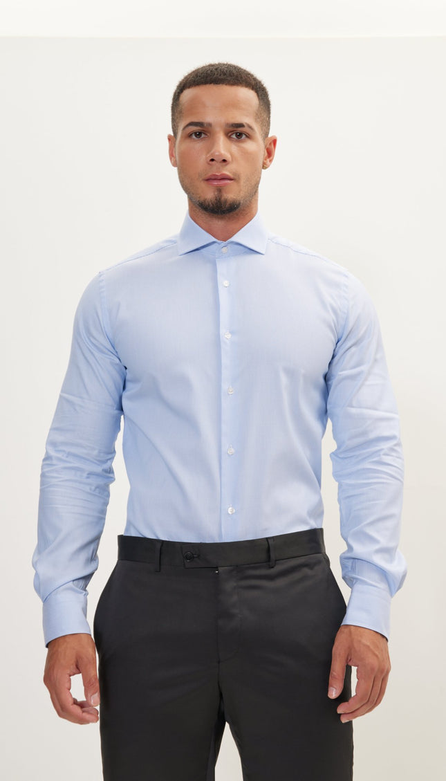 Pure Cotton French Placket Spread Collar Dress Shirt - Blue Striped - Ron Tomson