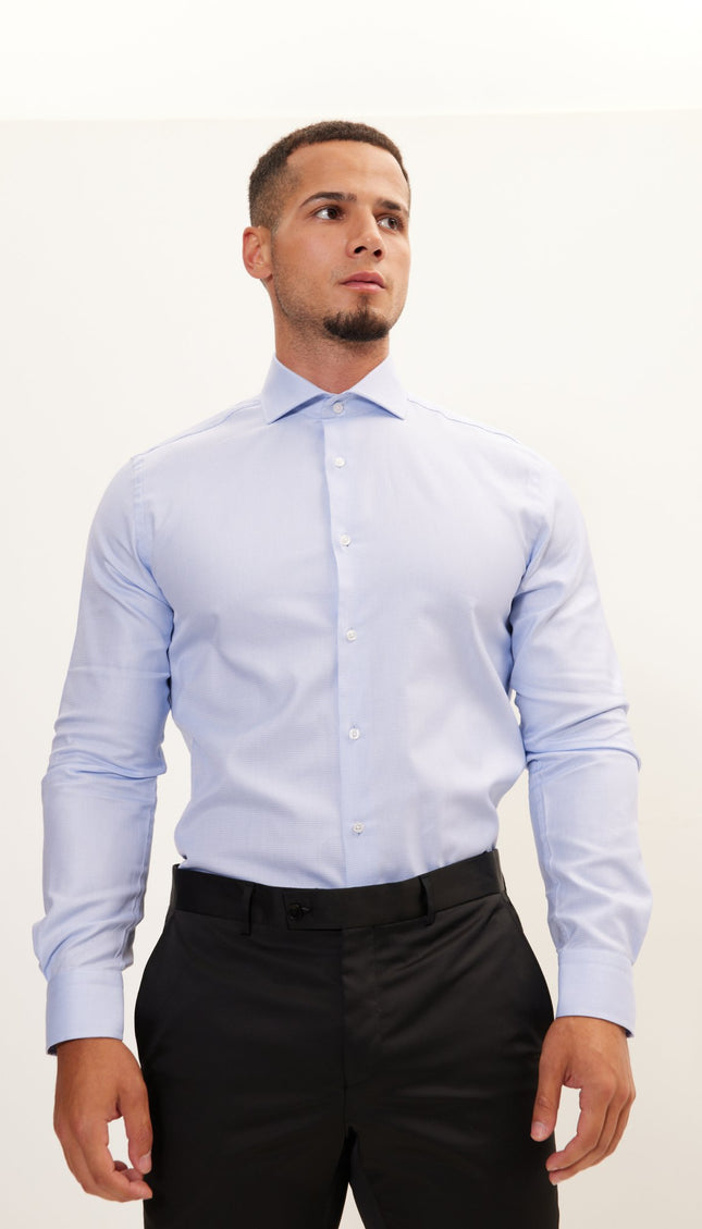 Pure Cotton French Placket Spread Collar Dress Shirt - Blue White Poplin - Ron Tomson