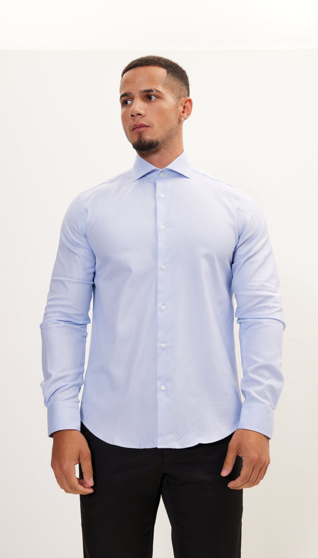 Pure Cotton French Placket Spread Collar Dress Shirt - Blue White Poplin - Ron Tomson