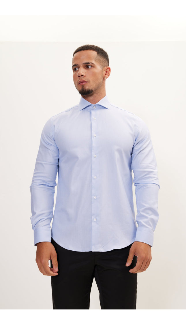 Pure Cotton French Placket Spread Collar Dress Shirt - Blue White Poplin - Ron Tomson